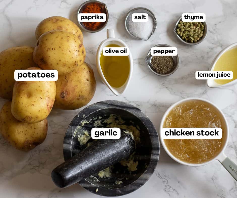 labelled picture of ingredients for authentic greek roasted lemon potatoes