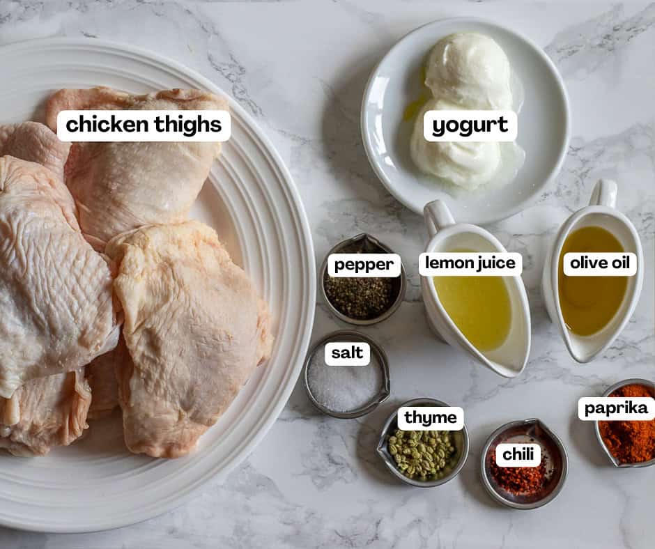 labelled picture of ingredients for grilled bbq chicken thighs