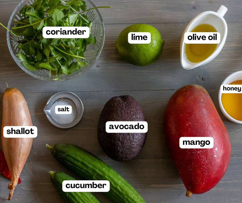 labelled picture of ingredients for mango avocado salad