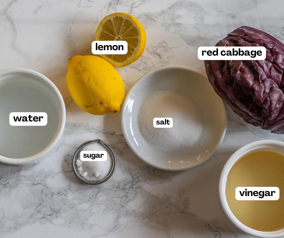 labelled picture of ingredients for turkish pickled red cabbage