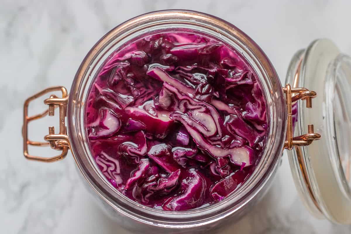 red cabbage is placed in a glass jar
