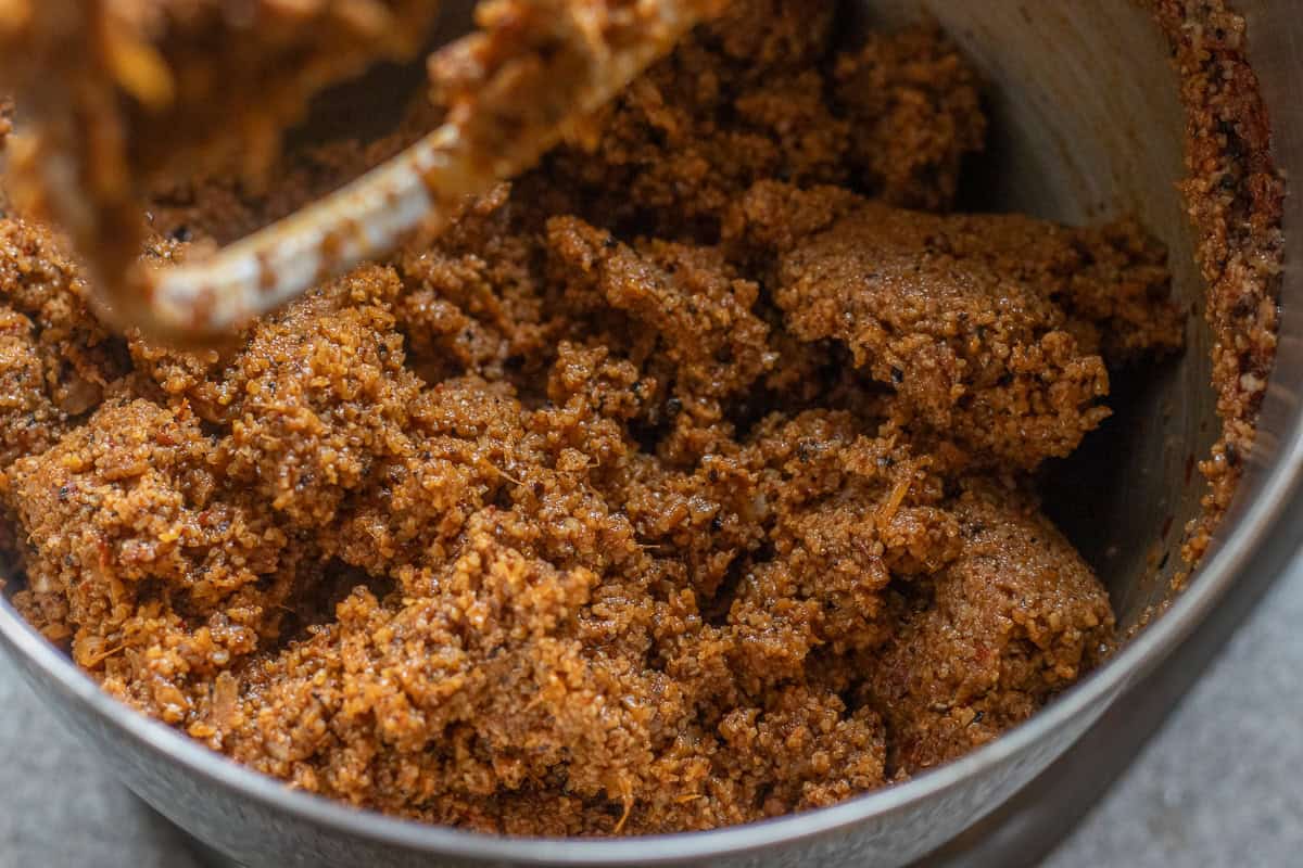 Kneading cig kofte mixture in a food processor.