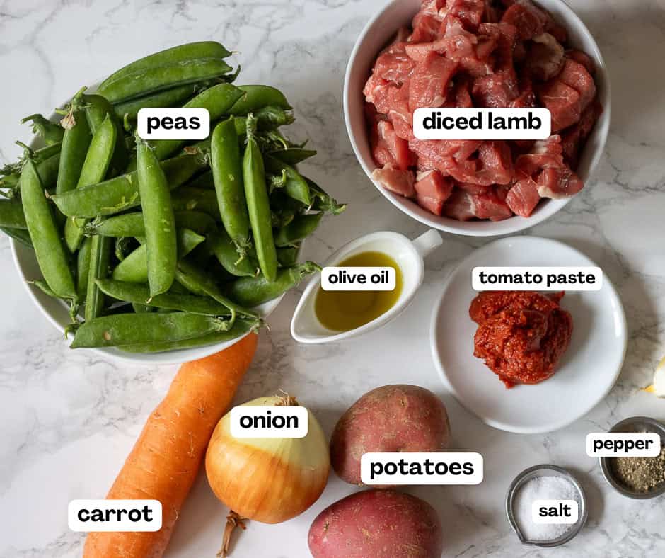 labelled picture of ingredients for bezelye Yemegi - pea stew with meat