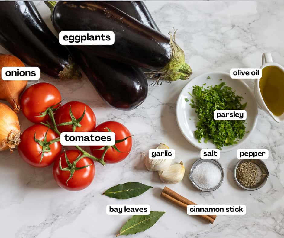 labelled picture of ingredients for papoutsakia