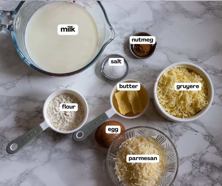 labelled picture of ingredients for béchamel sauce