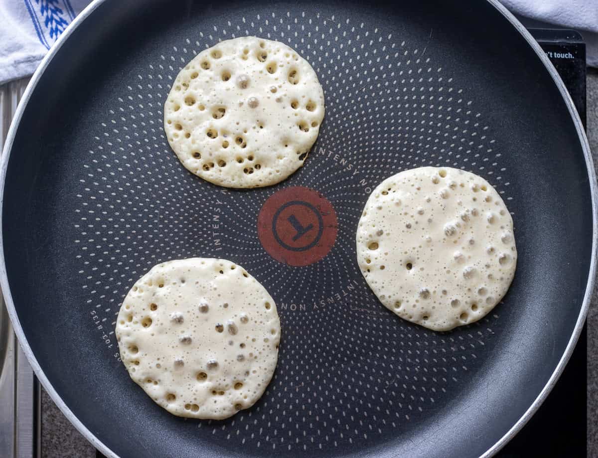 3 pieces of pancakes on a pan