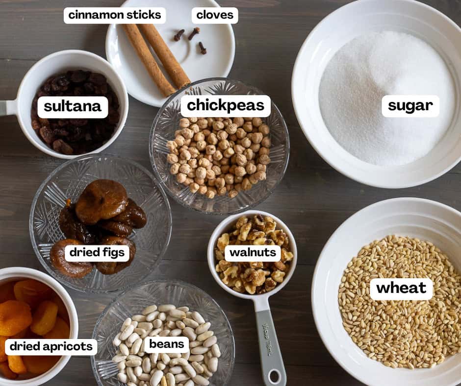 Labelled picture of ingredients for ashure dessert