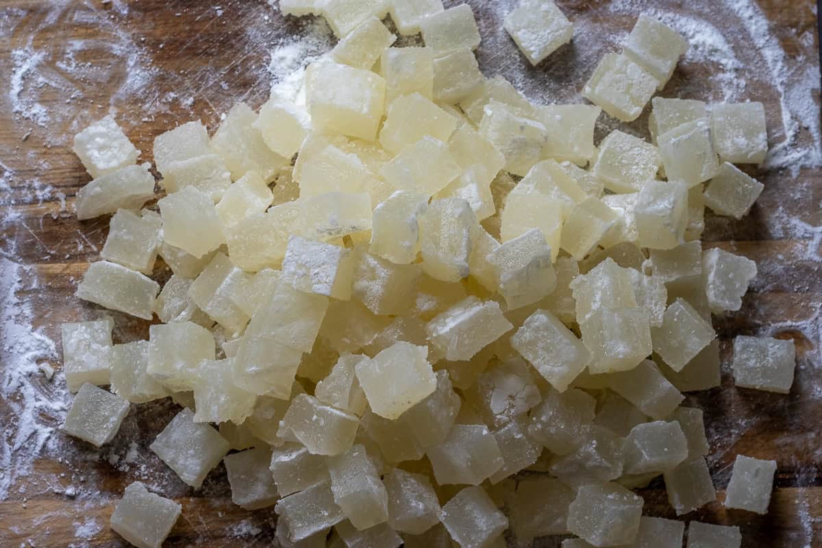 Homemade Elderflower Turkish Delight (Lokum) cut into small cubes