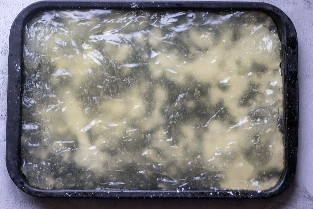 Turkish delight mixture poured on a tray