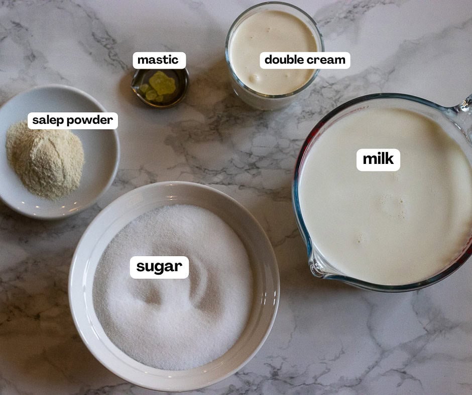 labelled picture of ingredients for Turkish ice cream