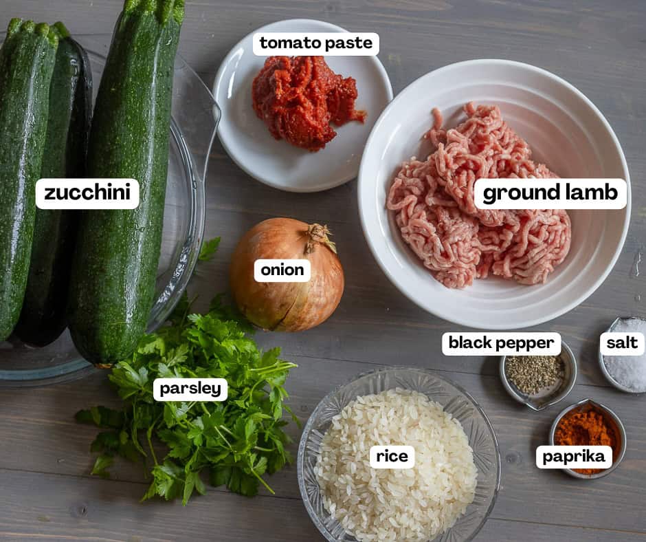 labelled picture of ingredients for kabak dolmasi
