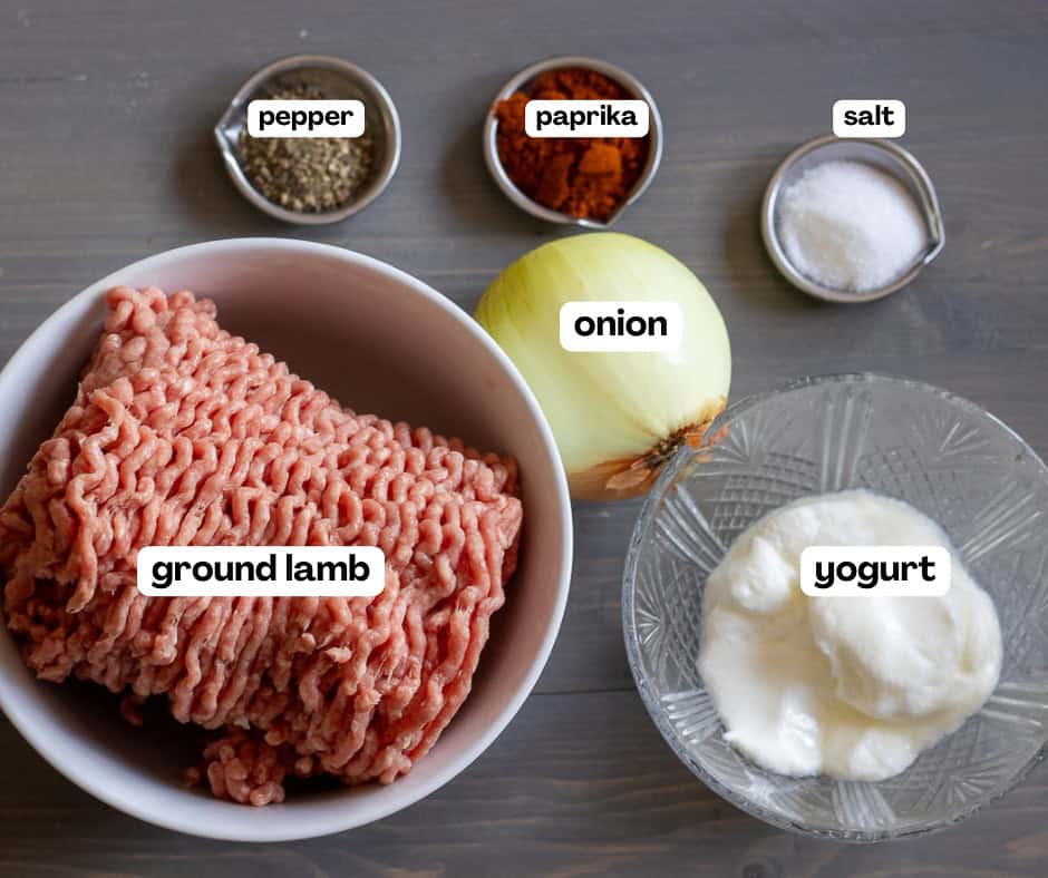 labelled picture of ingredients for Turkish doner kebab recipe