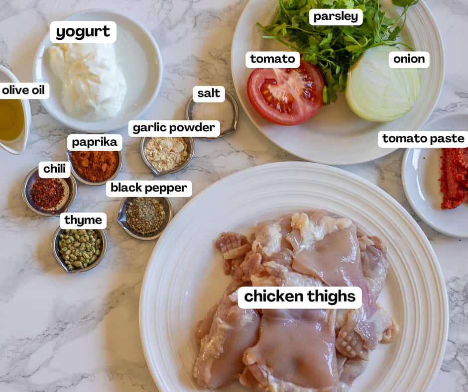 labelled picture of ingredients for chicken doner kebab - tavuk doner recipe