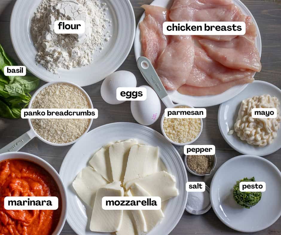 labelled picture of ingredients for chicken parmesan sandwich recipe