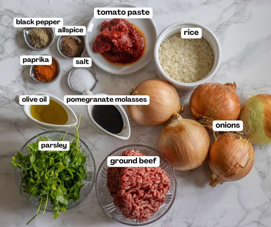 labelled picture of ingredients for sogan dolmasi