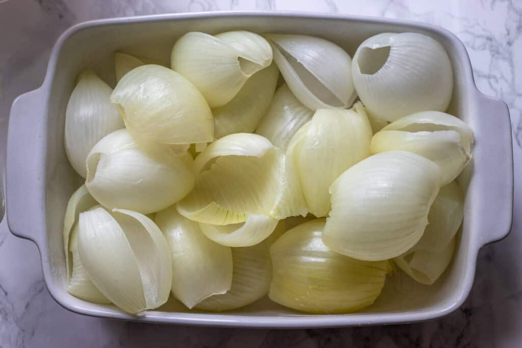 peeled onion shells ready for stuffing