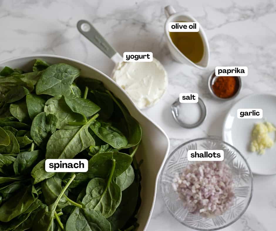 labelled picture of ingredients for Turkish spinach dip - ispanak borani