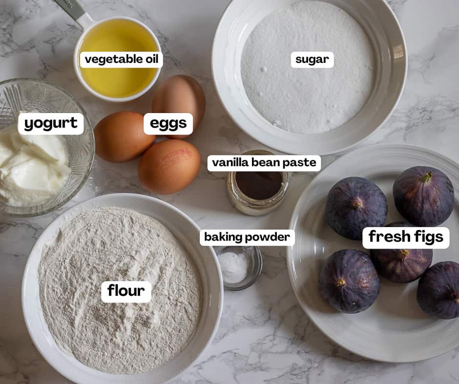 labelled picture of ingredients for fresh fig cake recipe