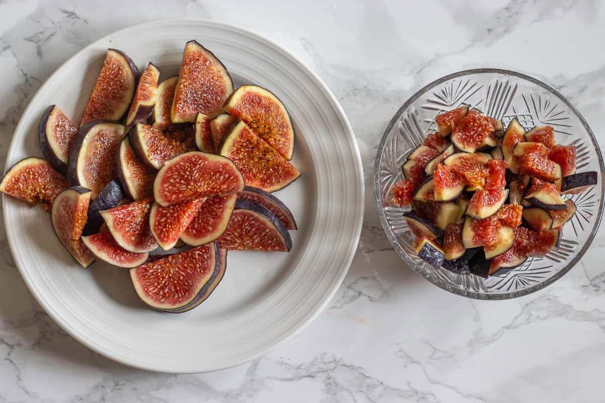 fresh figs are sliced and cut into small pieces for making cake