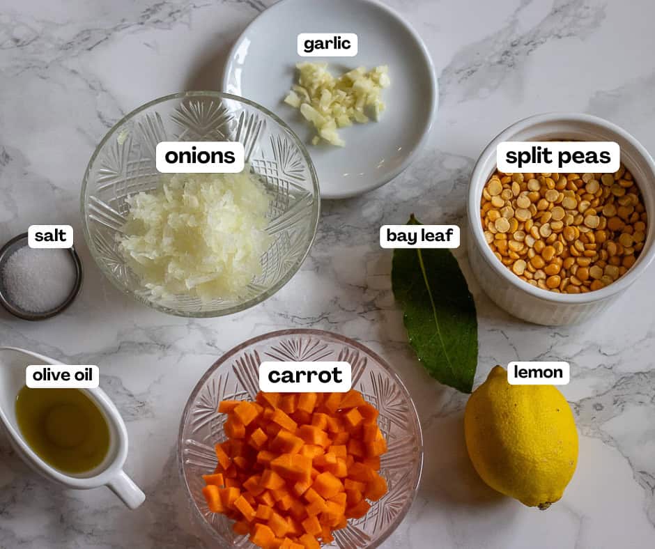 labelled picture of ingredients for greek fava dip