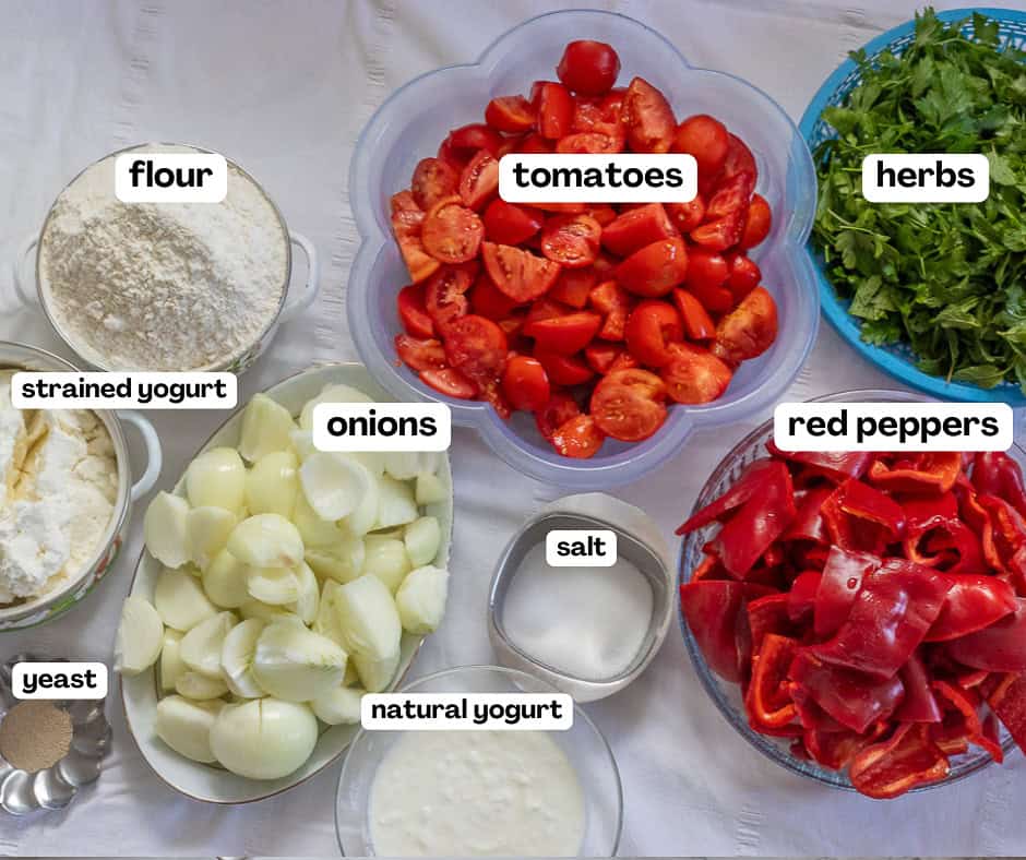 labelled picture of ingredients for homemade tarhana powder