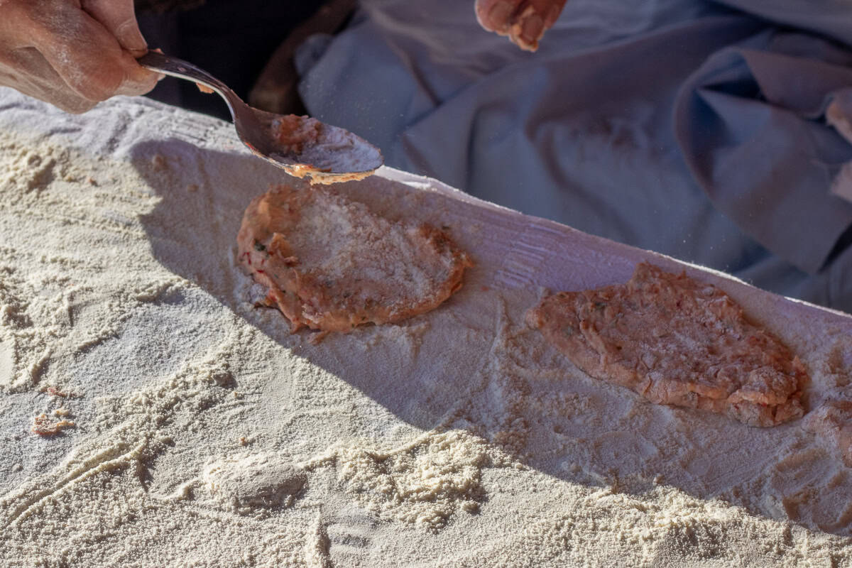 shaping tarhana into small moulds