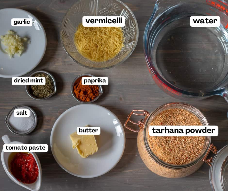 labelled picture of ingredients for Turkish tarhana soup