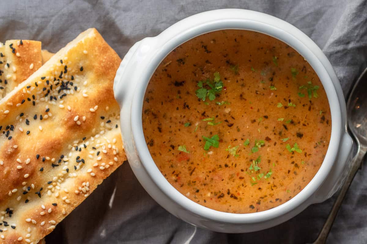 Turkish tarhana soup served with flatbread
