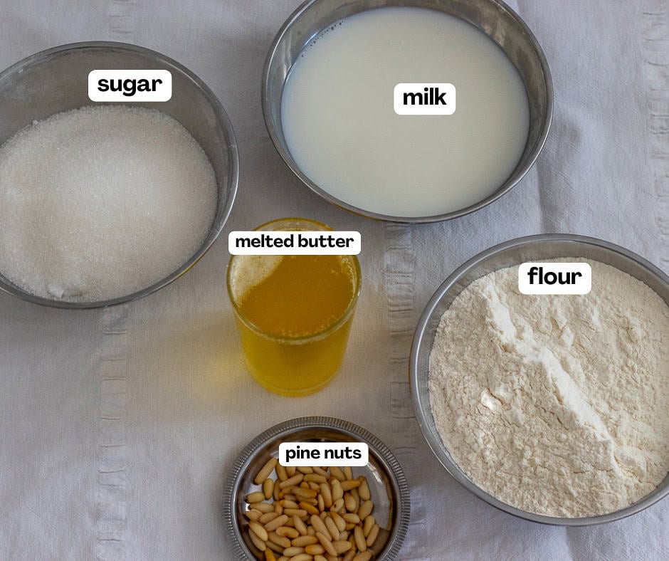 labelled picture of ingredients for un helvasi - Turkish flour halva