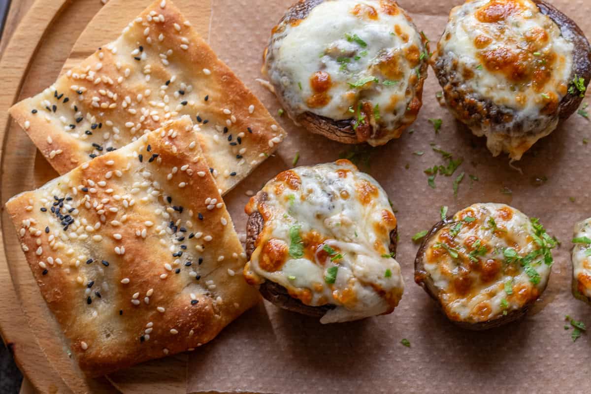 Barbari bread served with stuffed mushrooms
