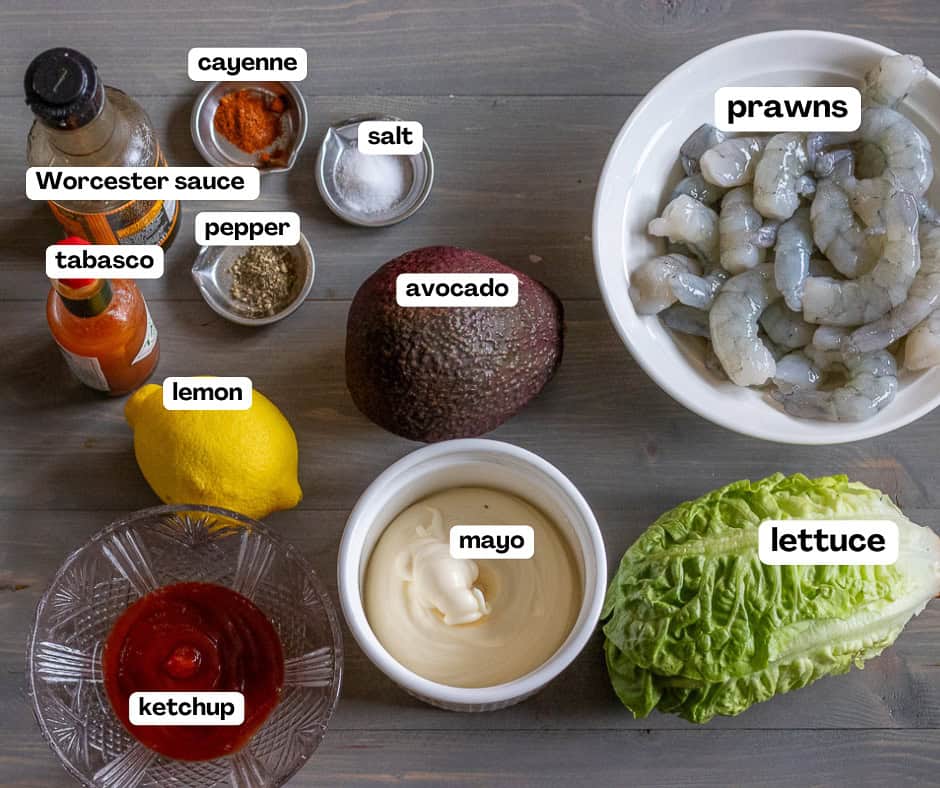 labelled picture of ingredients for classic prawn cocktail