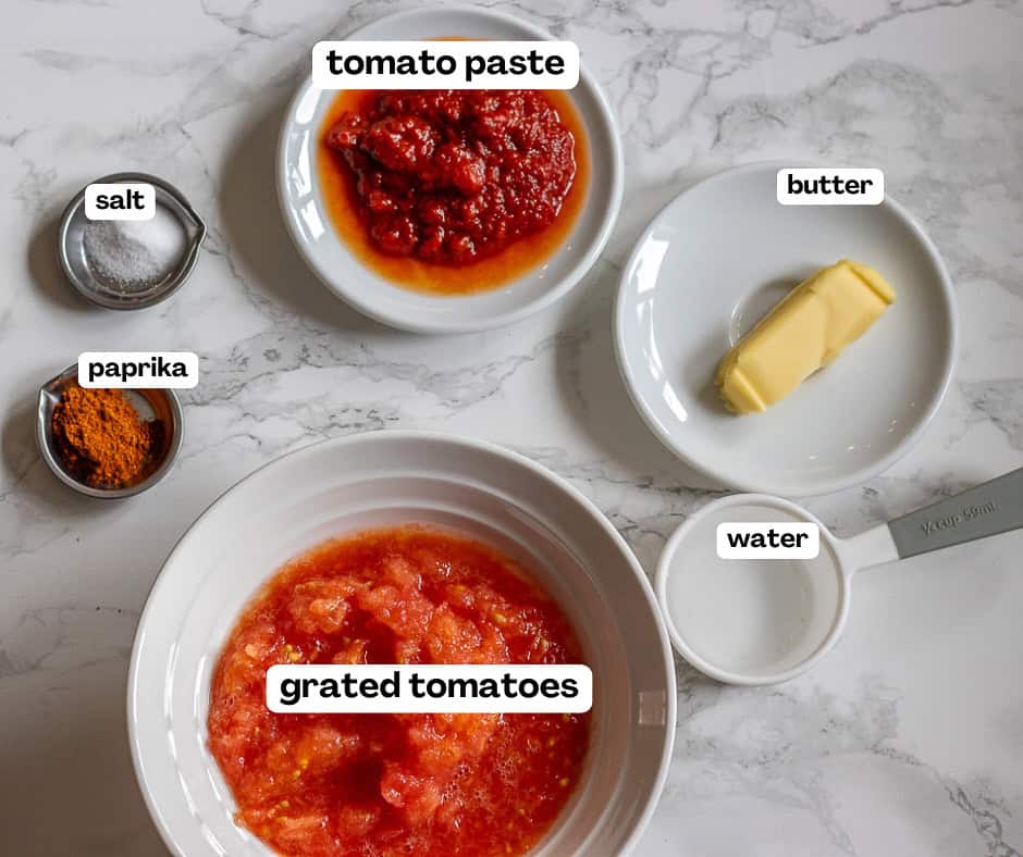 labelled picture of ingredients for iskender kebab sauce