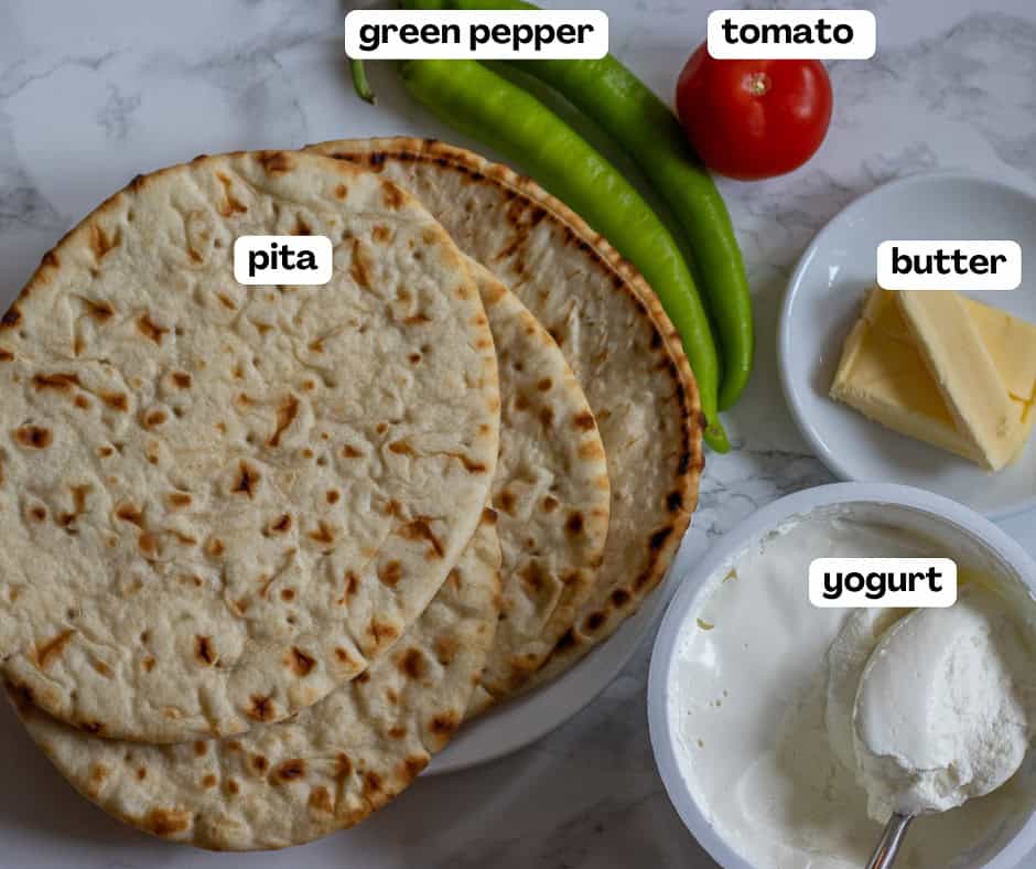 labelled picture of ingredients for serving iskender kebab