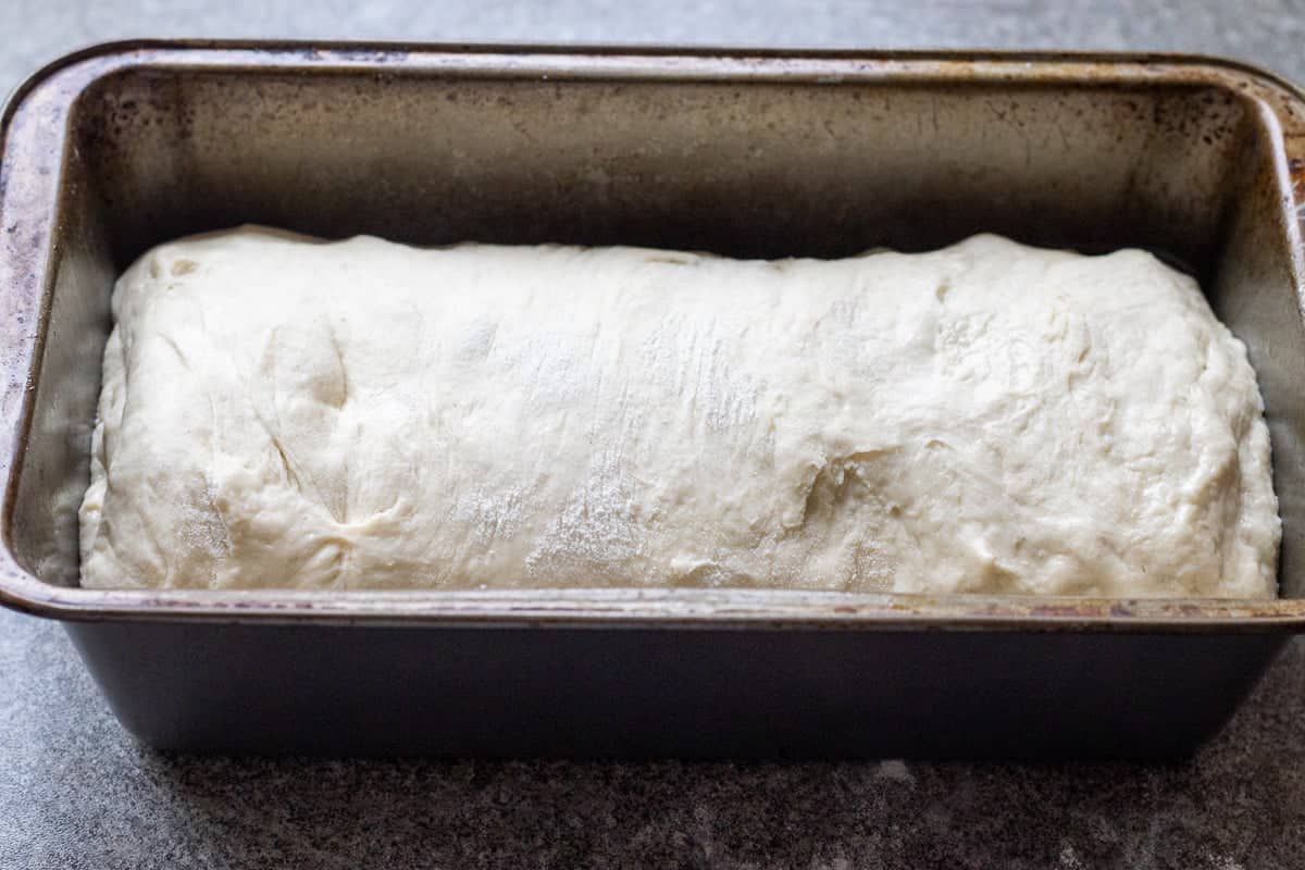 The dough is shaped into a log, placed in a bread tin, and ready for the second proofing.