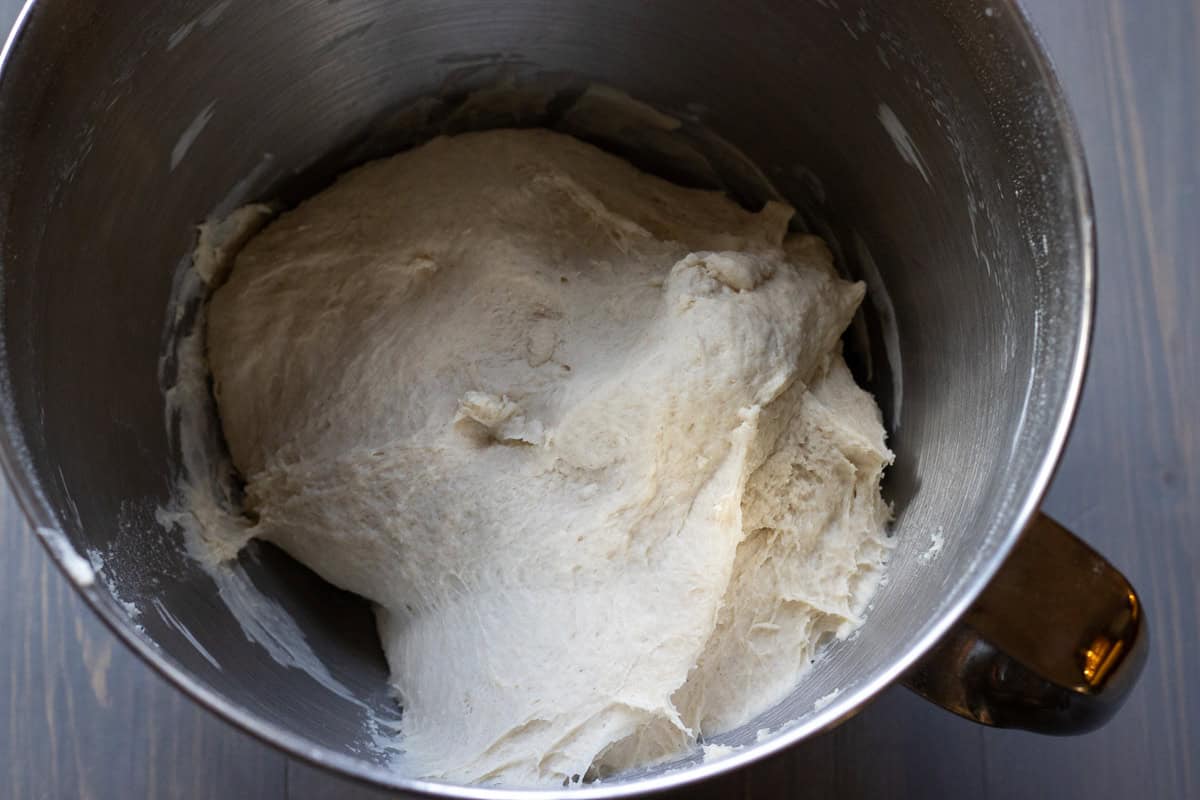 Soft and elastic dough is ready for the bulk fermentation.