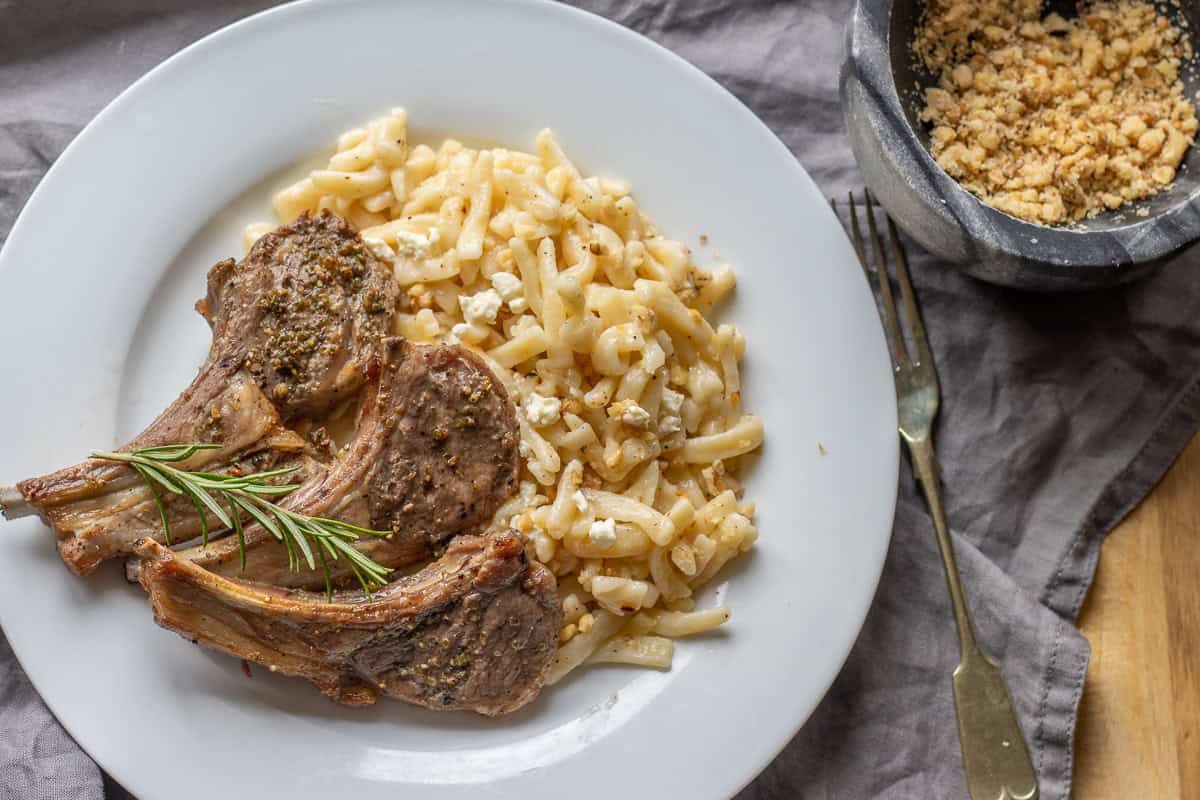 eriste pasta served with 3 pieces of air fryer lamb rib chops