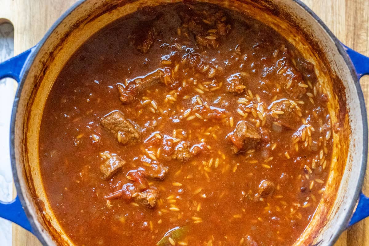 orzo and more liquid are added to stew