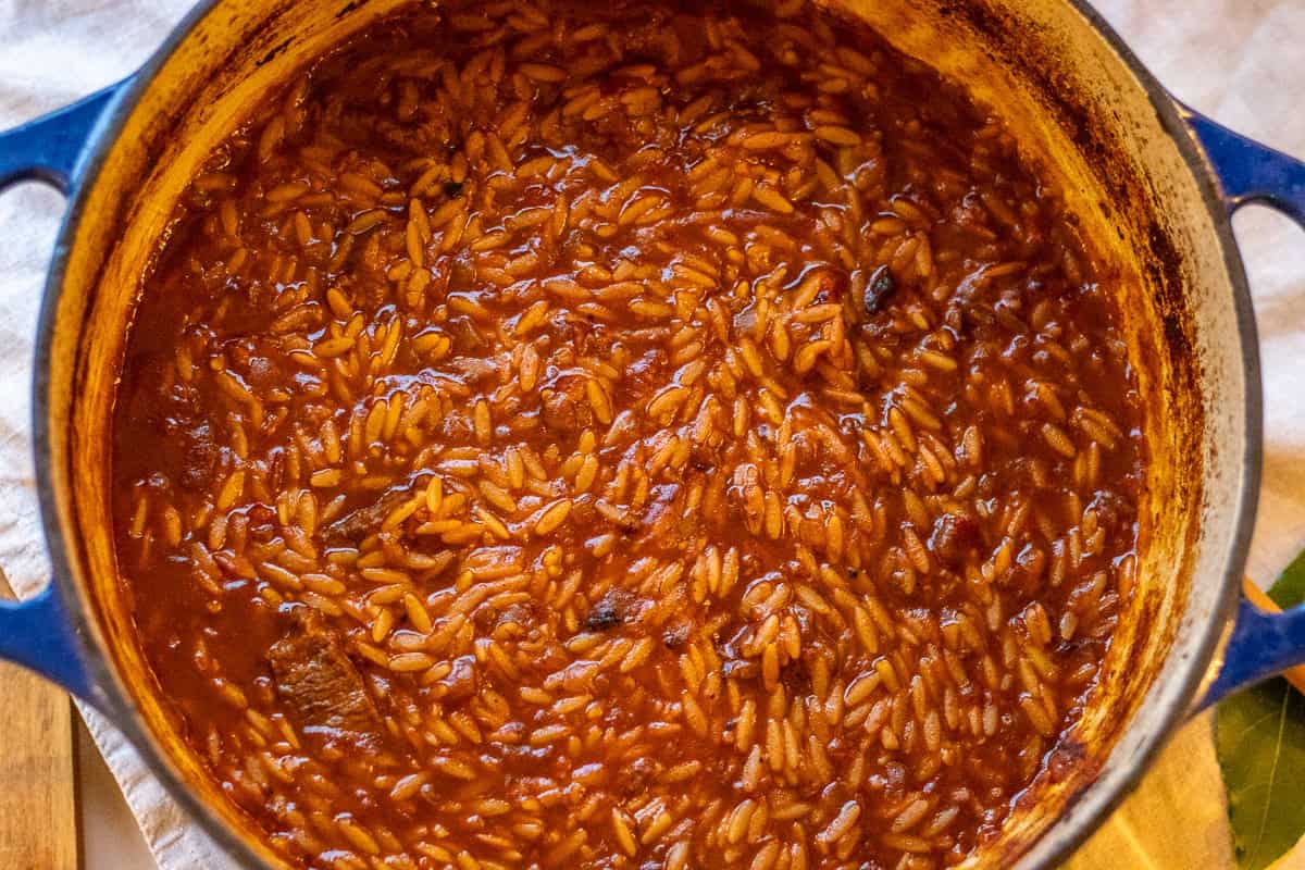 greek beef and orzo stew is ready when orzo absorbed the liquid