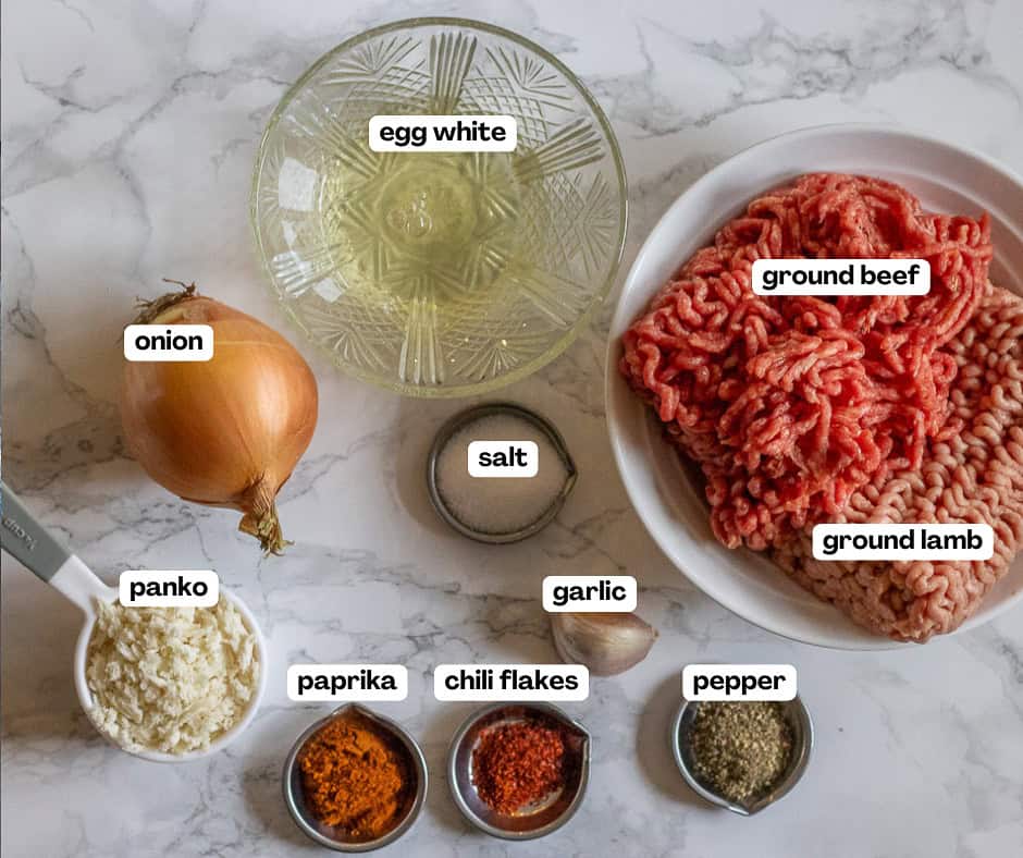 labelled picture of ingredients for hasanpasa kofte meatballs