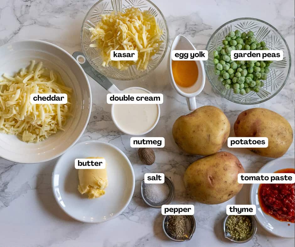 labelled picture of mashed potato ingredients for hasanpasa kofte