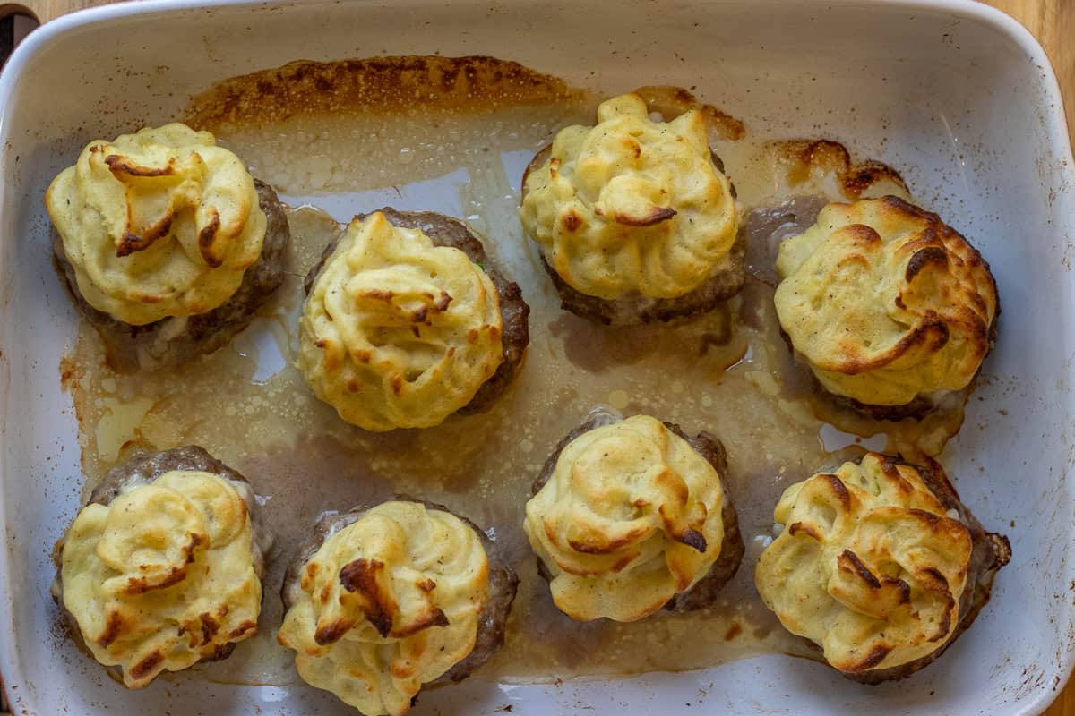 8 pieces of kofta topped with mashed potatoes and baked for 20 minutes