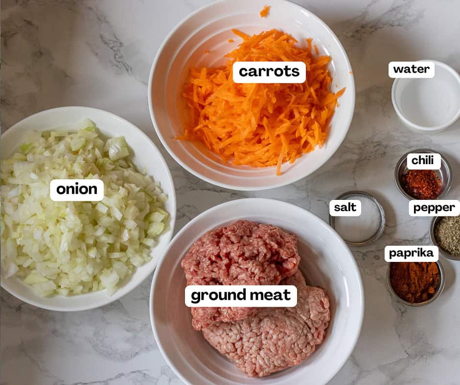 labelled picture of ingredients for kol boregi - Turkish arm borek recipe