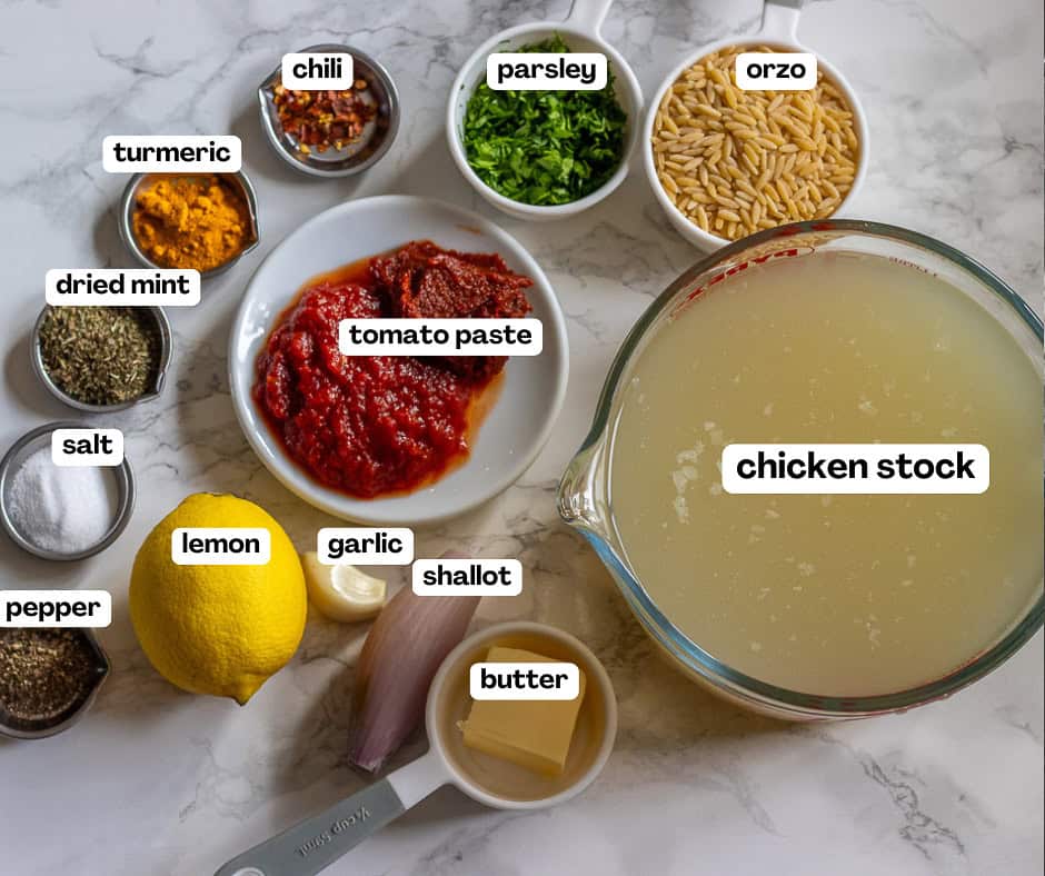 labelled picture of ingredients for sehriye Corbasi - Turkish orzo soup