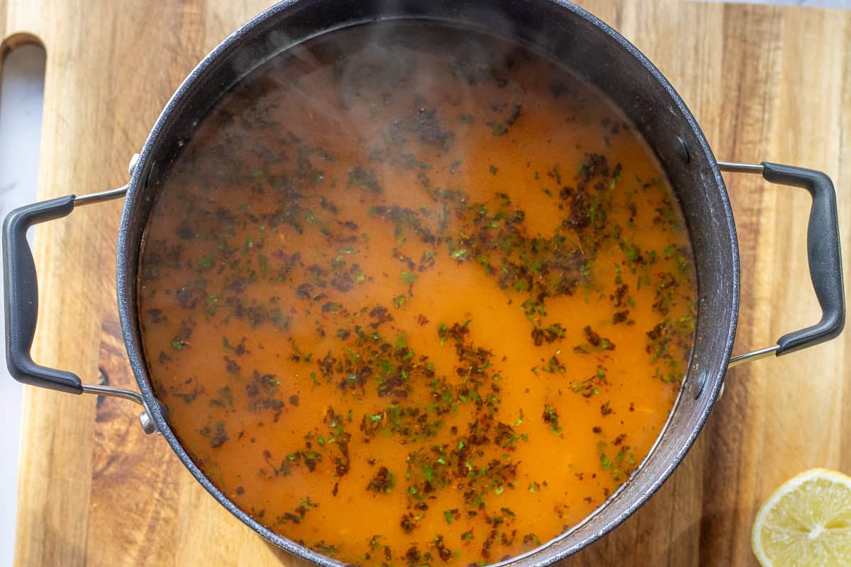 sehriye Corbasi - Turkish orzo soup is cooked until the orzo is tender