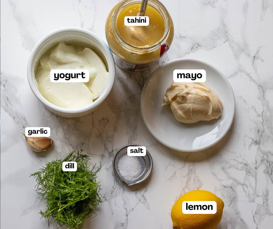 labelled picture of ingredients for shawarma white sauce