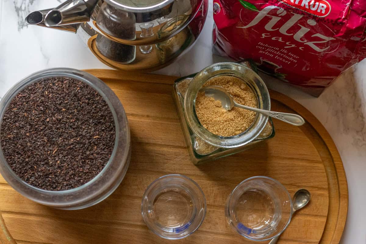 ingredients and equipment you'll need for making Turkish tea