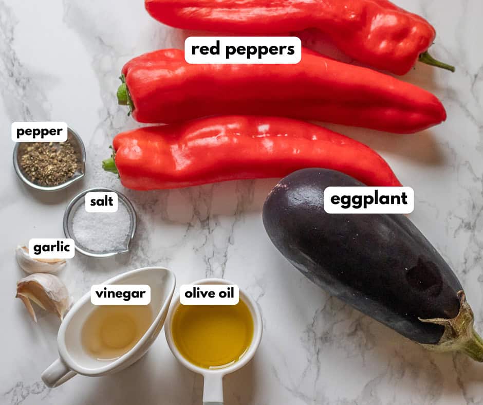 labelled picture of ingredients for ajvar - red pepper and eggplant dip
