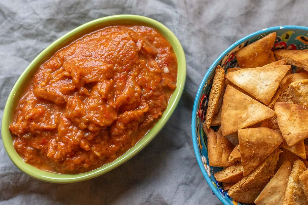 ajvar- red pepper and eggplant dip is served with pita chips
