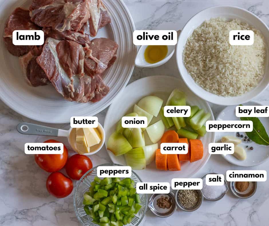 labelled picture of ingredients for Ankara tava - Turkish lamb and rice dish recipe