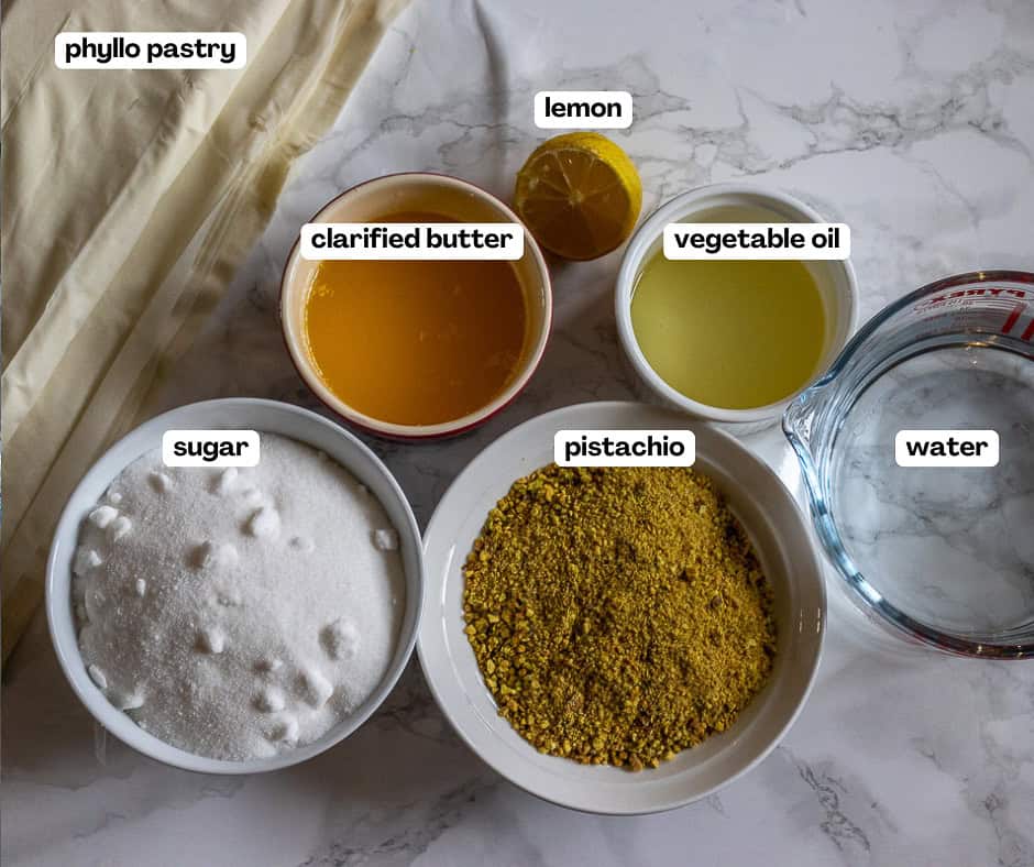 labelled picture of ingredients for baklava rolls